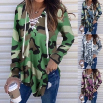 Fashion Camouflage Printed Long Sleeve Lace-up V-neck T-shirt
