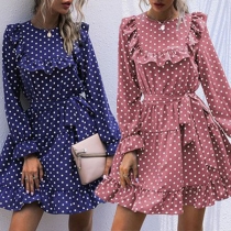 Sweet Style Long Sleeve Round Neck Dots Printed Ruffle Dress