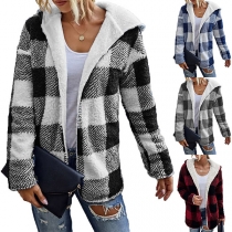 Fashion Long Sleeve Hooded Plush Plaid Coat