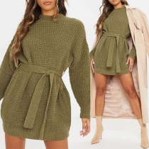 Fashion Solid Color Long Sleeve Round Neck Sweater Dress with Waist Strap