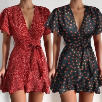 Sexy V-neck Short Sleeve Ruffle Hem Printed Dress