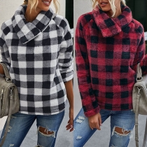 Fashion Long Sleeve Oblique Collar Plush Plaid Sweatshirt
