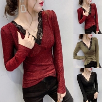 Sexy Deep V-neck Long Sleeve Lace Spliced Shirt