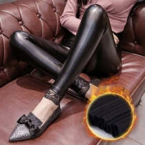 Fashion High Waist Pulsh Lining PU Leather Pants