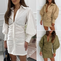 Fashion Solid Color Lantern Sleeve POLO Collar Shirt Dress