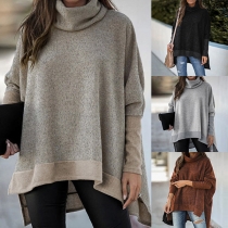 Fashion Contrast Color Long Sleeve Turtleneck High-low Hem Top