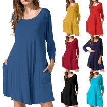Fashion Solid Color Long Sleeve Round Neck Loose Dress