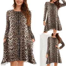 Fashion Long Sleeve Round Neck Leopard Printed Dress