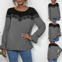 Fashion Lace Spliced Long Sleeve Round Neck Plaid Top