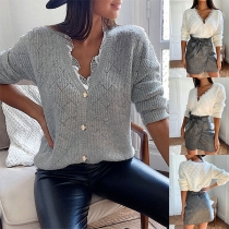 Sweet Solid Color Lace Spliced V-neck Long Sleeve Knitted Top