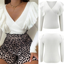 Sexy Deep V-neck Ruffled Long Sleeve Knitted Top