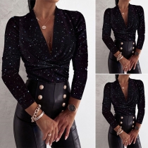Sexy Deep V-Neck Long Sleeve ShinningTop