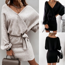 Sexy V-neck Long Sleeve Solid Color Dress
