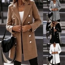 Fashion Solid Color Lapel Double Breasted Long Sleeve Woolen Coat