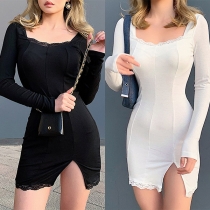 Sexy Lace Spliced Square Collar Long Sleeve Slit Hem Dress