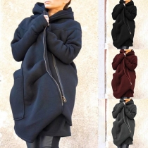 Fashion Solid Color Oblique Zipper Hooded Sweatshirt