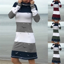 Fashion Contrast Color Long Sleeve Cowl Neck Printed Dress