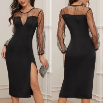 Sexy Gauze Spliced Long Sleeve Round Neck Slit Hem Dress