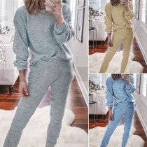 Fashion Solid Color Long Sleeve Round Neck Top + Pants Two-piece Set