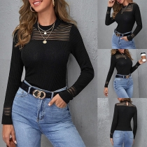 Fashion Gauze Spliced Long Sleeve Round Neck Slim Fit Top