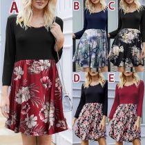 OL Style Long Sleeve Round Neck Printed Spliced Hem Dress