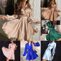 Elegant Solid Color Lapel Belt Long Sleeve Dress