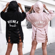 Fashion Letters Printed Lace-up Hem Hooded Sweatshirt Dress