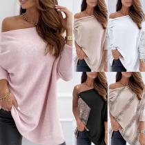 Solid Color Slant Shoulder Lace Spliced Long Sleeve Knitted Top