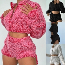 Solid Color Long Sleeve Stand Collar Plush Crop Top+High-waist Shorts Two-piece Set