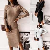 Sexy Backless Slit Hem Long Sleeve High Collar Solid Color Knit Dress