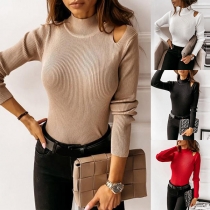 Sexy Solid Color Mock Neck Hollow Out Long Sleeve Slim Fit Knitted Top