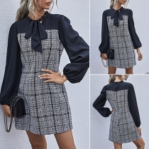 Fashion Bowknot Collar Plaid Spliced Long Sleeve Dress