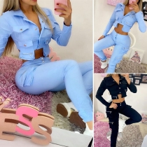 Fashion Solid Color Long Sleeve Short-style Top + Pants Two-piece Set