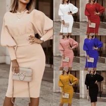 Fashion Solid Color Lantern Sleeve Round Neck High Waist Slim Fit Dress