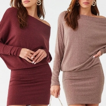 Sexy Oblique Shoulder Dolman Sleeve Solid Color Knit Dress
