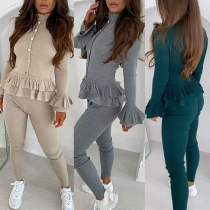 Fashion Solid Color Long Sleeve Ruffle Hem Top + Pants Two-piece Set
