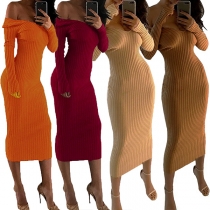 Sexy V-neck Long Sleeve Solid Color Slim Fit Dress