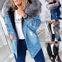 Mode fuskpäls skarvad huva långärmad jeanskappa