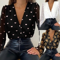 Sexy Deep V-neck Long Sleeve Printed Top