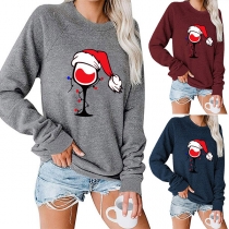 Cute Christmas Hat Printed Long Sleeve Round Neck Sweatshirt