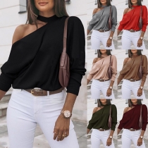 Sexy Oblique Shoulder Long Sleeve Solid Color T-shirt