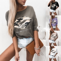 Fashion Camouflage Lip Printed Long Sleeve Round Neck T-shirt