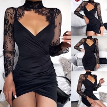 Sexy See-through Gauze Spliced Long Sleeve Slim Fit Dress