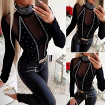 Sexy Rhinestone Gauze Spliced Long Sleeve Mock Neck Slim Fit Top
