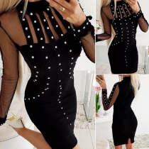 Sexy Gauze Spliced Long Sleeve Mock Neck Rhinestone Spliced Party Dress