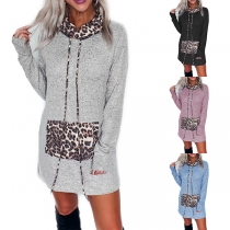 Fashion Leopard Spliced Long Sleeve Cowl Neck Sweatshirt Dress