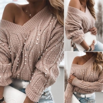 Fashion Solid Color Long Sleeve V-neck Beaded Sweater