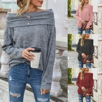 Sexy Off-shoulder Boat Neck Long Sleeve Solid Color Knit Top