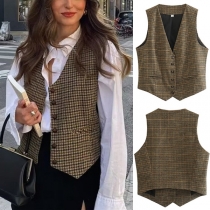 Fashion V-neck Irregular Hem Plaid Vest