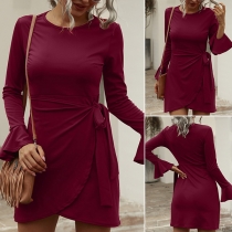 Elegant Solid Color Trumpet Sleeve Round Neck Slit Hem Dress